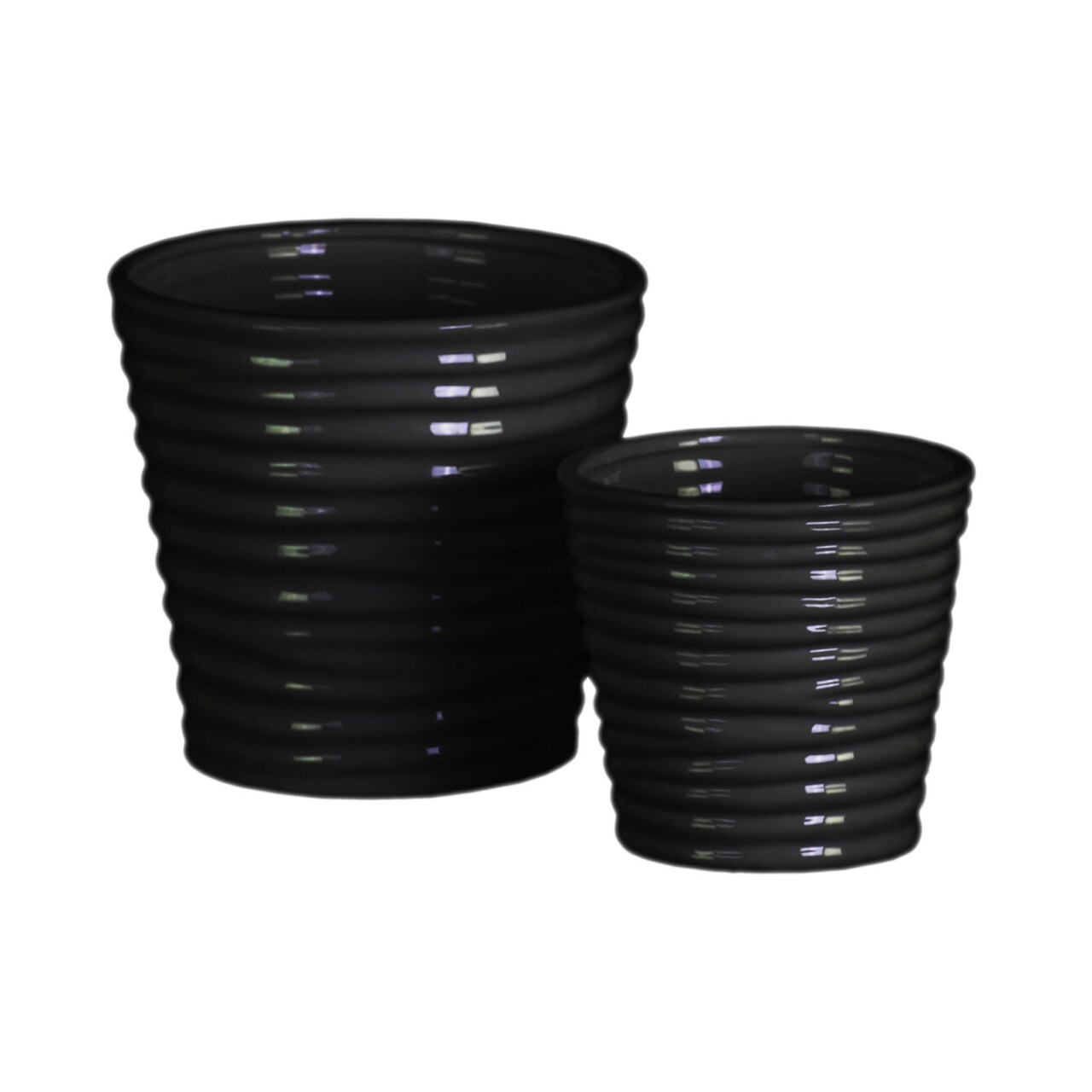 Urban Trends Collection Ceramic Round Vase with Horizontal Ribbed Design Body and Tapered Bottom Set of Two Gloss Finish Black